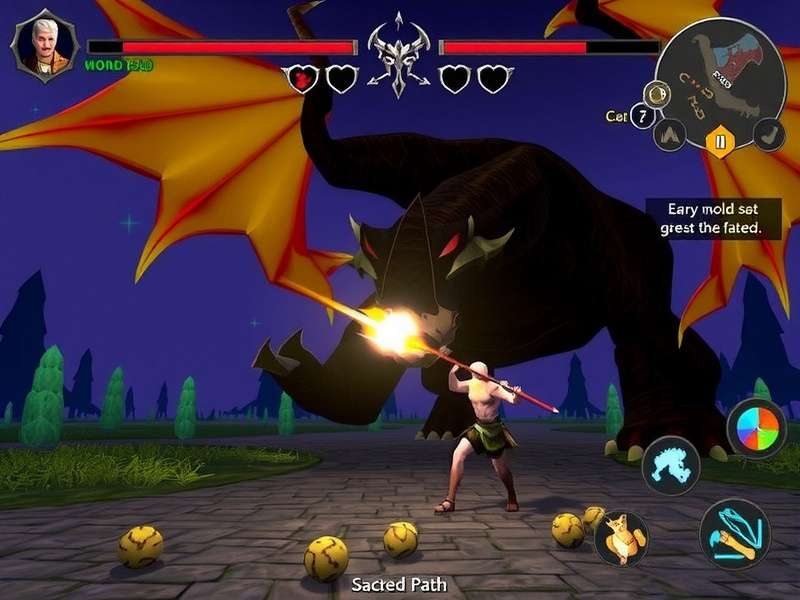 Sacred Path combat screenshot showing player fighting a mythical creature